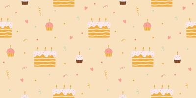 Pattern with birthday cakes, cupcakes and confetti vector