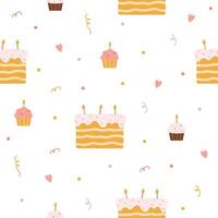 Pattern with birthday cakes, cupcakes and confetti vector