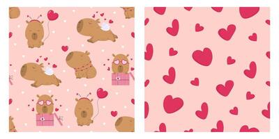 Set of patterns with lovely capybara and hearts vector