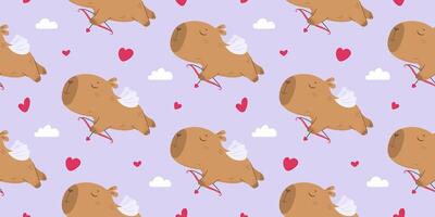 Seamless pattern with funny cupid capybara vector