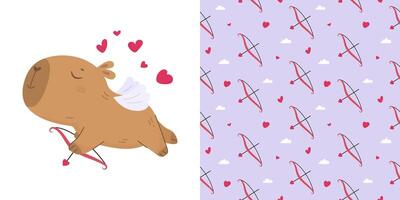 Funny cupid capybara, cupid bow and arrow pattern vector