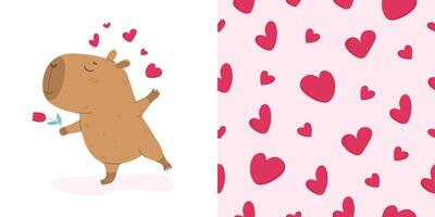 Lovely capybara with flower and hearts pattern vector