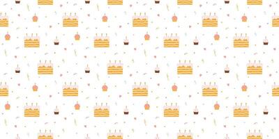 Pattern with birthday cakes, cupcakes and confetti vector