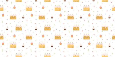 Pattern with birthday cakes, cupcakes and confetti vector