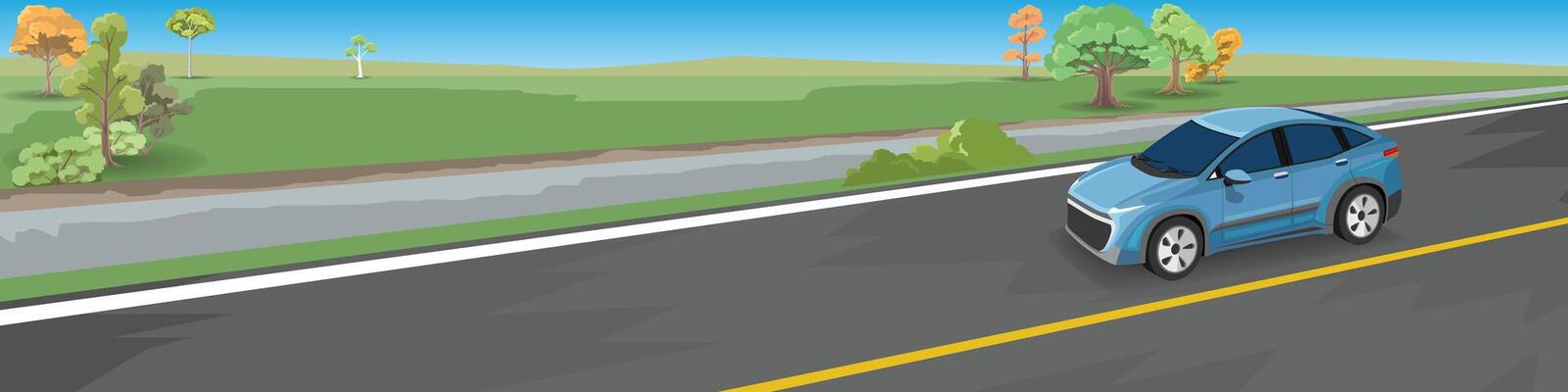 Traveling of car blue color on asphalt road. Eco area of green grass and mountain under blue sky. Inside car can see interior with driving and passenger man.