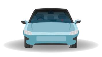 Vector or Illustrator front view of car. EV car blue color. Can view interior of car. With shadow of car Isolated white background.