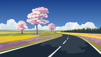 Copy Space Flat Vector Illustration. of straight asphalt road cuts through the wide open fields of green grass and yellow flower. Spring trees pink color. Mountain and blue sky wit