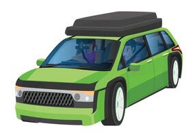 Object of traveler car green color. Can view interior with people. Inside with steering wheel and console with seat. Separate layer bonnet. On roof with rack. Isolated white background. vector