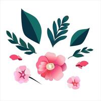 Simple vector handdrawn flowers and leaf. Pink green plants in flat design. Isolated illustration for logo design, flyer, banner, poster, calendar, greeting card, scrapbooking, kids clothes, textile