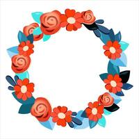 Vector round frame of hand drawn flowers for words and text. Isolated red blue vignette with chamomile and roses for design, comics and flat banners