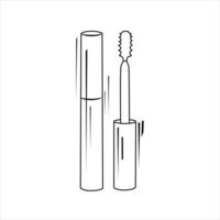 Vector black white outline mascara with brush. Isolated contour cosmetic illustration side view. Drawn makeup icon. For design, cards and banner