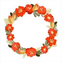 Vector round frame of hand drawn flowers for words and text. Isolated red orange vignette with tulips and roses for design, comics and flat banners