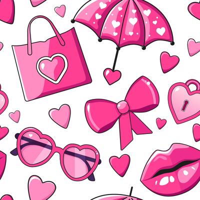 Seamless vector pattern with hand-drawn pink bag, bow, lips, sunglasses, umbrella and hearts. Background with women's details by Valentine day. For scrapbooking, kids clothes, dress and textile