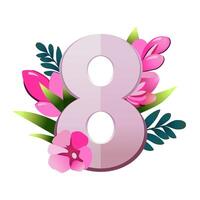 Vector colorful handwriting pink text with flowers by 8 march. Number eight by women day in flat design. Isolated bold lettering for logo design, flyer, banner, poster, calendar, greeting card