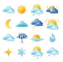 Cute vector set of isolated weather app icon with cloud, sun, snow, rain, lightning, moon and star. Interface elements in flat design. Minimal cartoon illustration for web banner and greeting card