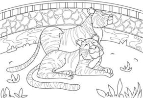 Illustration of a family of tigers basking in the sun in their enclosure at the zoo. vector