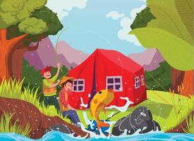 father and son were fishing and got fish. they camp in beautiful nature. vector