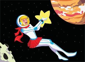 astronaut girl reaches for the star between jupiter and the moon vector