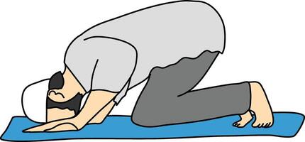 Muslim man praying on sujud bow down gesture. vector