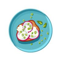 Appetizing bruschetta with radishes and young onions on a turquoise plate. Vegetables on toast. Healthy food. Self care. Vector