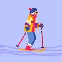 An adult gray-haired lady on a ski trip. Winter holidays and travel. Minimalism. Vector