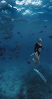 Woman swimming underwater in tropical blue ocean with Nurse shark. video