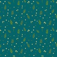 Botanical seamless pattern hand drawn. Dark turquoise background with plants. Minimalist style. Vector