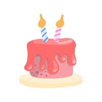Cartoon cake with pink cream and candle for 2 years birthday for card, invitation and banner. vector illustration