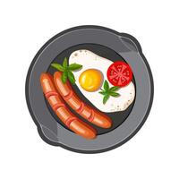 Scrambled eggs in a deep frying pan. Fried sausages with eggs. Healthy dinner. Healthy eating. Vector