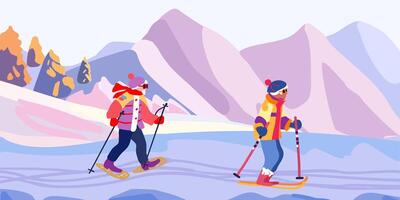 Old people on a ski trip. Mountain landscape with ski tracks. Winter holidays and travel. Minimalism. Vector