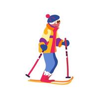 An adult gray-haired lady on a ski trip. Winter holidays and travel. Minimalism. Vector