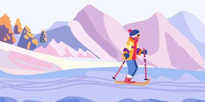 Old lady on a ski trip. Mountain landscape with ski tracks. Winter holidays and travel. Minimalism. Vector