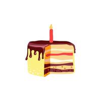 Piece of layer cake with cream and candle for 1 year birthday for card, invitation and banner. Vector