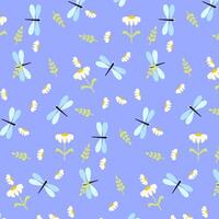 Seamless pattern with dragonflies and flowers for printing on fabric and wrapping paper. vector