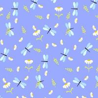 Seamless pattern with dragonflies and flowers for printing on fabric and wrapping paper. vector