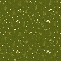 Botanical seamless pattern hand drawn. Green background with plants. Minimalist style. Vector