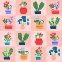 Seamless pattern of indoor plants on a pink checkerboard background. Vector