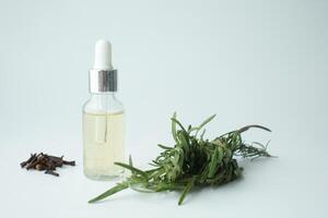 Liquid essential oil next to herbs and cloves for personal care and cosmetics photo