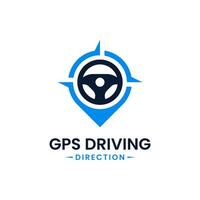 Drive point logo design template. Steering wheel and gps map location icon vector combination. Creative steer spot symbol concept.