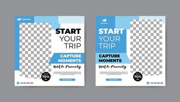 Set of travel agency social media post template. Square banner design background. vector