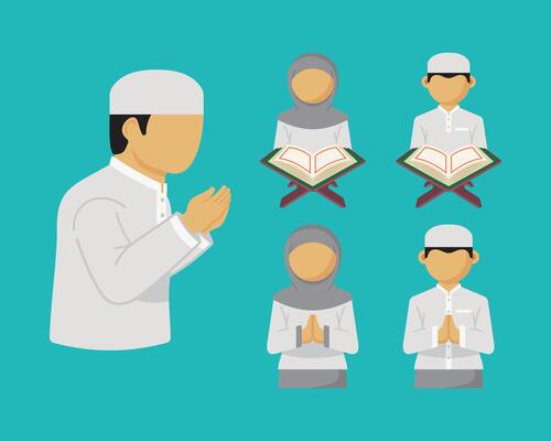 Set of Muslim kids cartoon isolated in flat vector design. Ramadan Kareem and Eid Mubarak character design. Vector Illustration for poster, greeting card, banner, flyer.