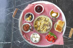 top view of turkish breakfast on table photo