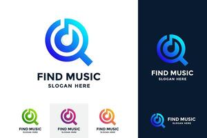 Find music logo design template. Musical icon with magnifying glass combination. vector