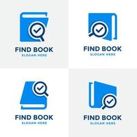 Set of find book logo design template. Book icon with magnifying glass combination. Review search symbol. Concept of analysing, correcting, evaluating, surveying, etc. vector