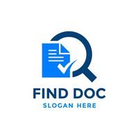 Review search logo design template. Magnifying glass icon with document paper sheet combination. Concept of analysing, correcting, evaluating, surveying, etc. vector