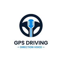 Voice gps drive point logo design template. Steering wheel, gps map location and voice icon vector combination. Creative driving training symbol concept.