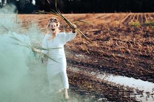 Cheerful young  woman with reeds dances in colored smoke in a field photo