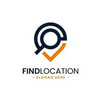 Find location logo design template. City locator.  Pointer and loupe or magnifier icon vector combination. Creative gps map point location symbol concept.