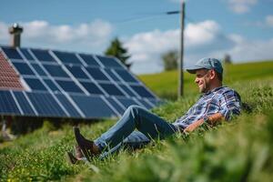 AI generated Relaxed man using solar panels at his home photo