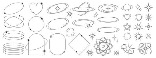 Set of line elements in y2k style. Geometric shapes, linear frames with stars. Vector illustration for social media, banners, poster design.